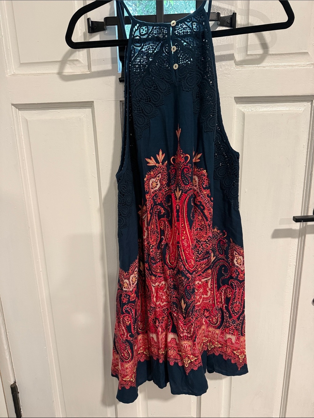 Free People Navy Halter Mini Dress with Red Paisley Print and Lace Detail